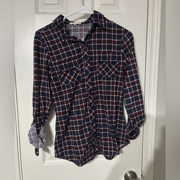 Urban Girl Tops - Women's Plaid Button-Down Shirt - Navy and Burgundy